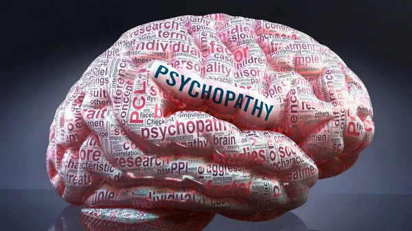 Pszichopatia Emberi Agyban Több Száz Kulcsfontosságú Kifejezés Pszichopatához Kapcsolódóan Amit — Stock Fotó