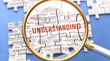 Understanding being closely examined along with multiple vital concepts and ideas directly related to Understanding. Many parts of a puzzle forming one, connected whole.