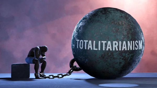 Totalitarianism - a gigantic and unmovable weight chained to a vulnerable and suffering person in pain, misery and helplessness. Cold and tragic condition created by Totalitarianism