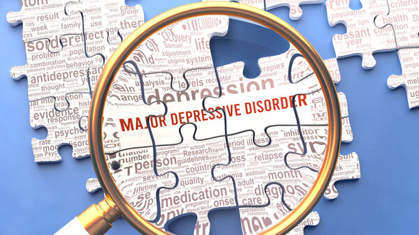 Серьезное депрессивное расстройство как сложная тема под пристальным наблюдением. Сложность отображается в виде кусочков головоломки с десятками идей и концепций, связанных с серьезным депрессивным расстройством