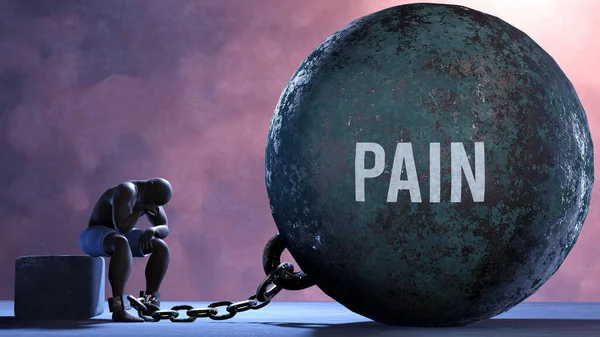 Pain - a gigantic and unmovable weight chained to a vulnerable and suffering person in pain, misery and helplessness. Cold and tragic condition created by Pain