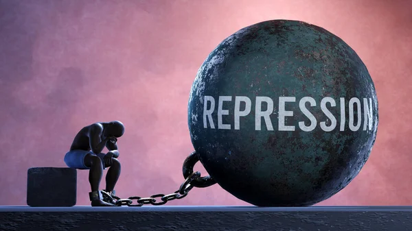 Repression - a gigantic and unmovable weight chained to a vulnerable and suffering person in pain, misery and helplessness. Cold and tragic condition created by Repression