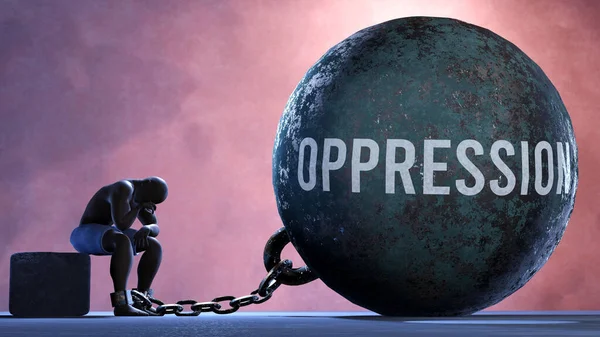 Oppression - a gigantic and unmovable weight chained to a vulnerable and suffering person in pain, misery and helplessness. Cold and tragic condition created by Oppression