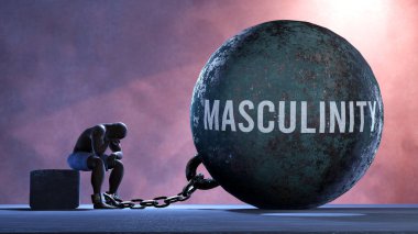 Masculinity - a gigantic and unmovable weight chained to a vulnerable and suffering person in pain, misery and helplessness. Cold and tragic condition created by Masculinity  clipart