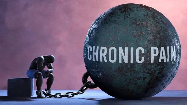 Chronic pain - a gigantic and unmovable weight chained to a vulnerable and suffering person in pain, misery and helplessness. Cold and tragic condition created by Chronic pain