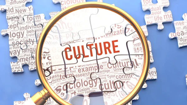 Stock image Culture being closely examined along with multiple vital concepts and ideas directly related to Culture. Many parts of a puzzle forming one, connected whole.