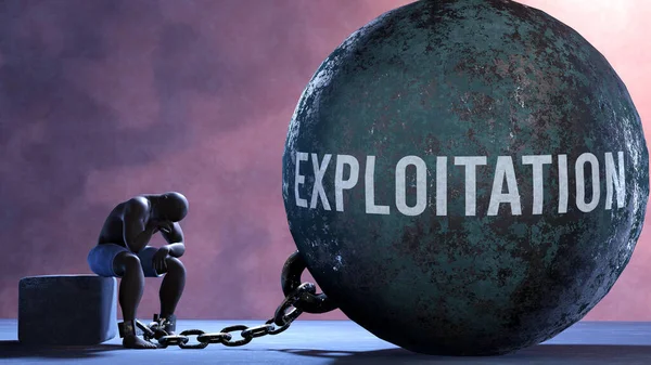 Exploitation - a gigantic and unmovable weight chained to a vulnerable and suffering person in pain, misery and helplessness. Cold and tragic condition created by Exploitation