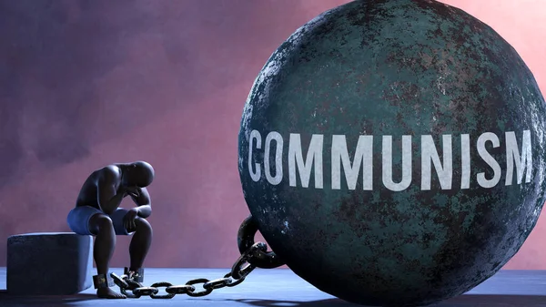 Communisme Een Gigantisch Onbeweeglijk Gewicht Geketend Aan Een Kwetsbaar Lijdend — Stockfoto