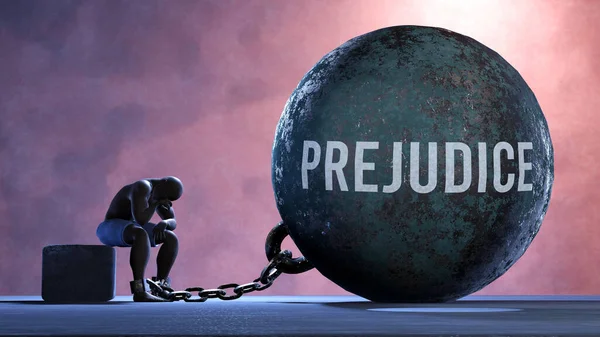 Prejudice - a gigantic and unmovable weight chained to a vulnerable and suffering person in pain, misery and helplessness. Cold and tragic condition created by Prejudice