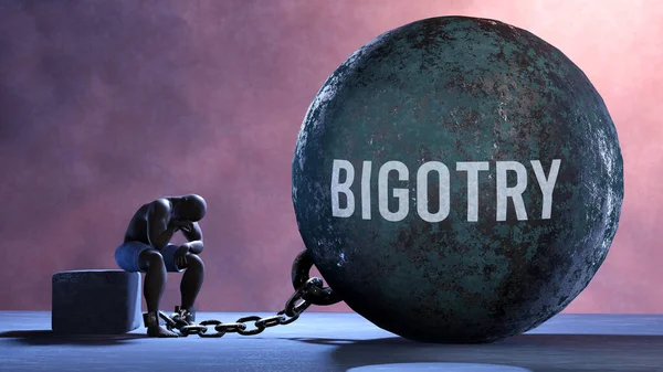 Bigotry - a gigantic and unmovable weight chained to a vulnerable and suffering person in pain, misery and helplessness. Cold and tragic condition created by Bigotry
