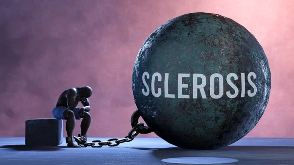 Sclerosis - a gigantic and unmovable weight chained to a vulnerable and suffering person in pain, misery and helplessness. Cold and tragic condition created by Sclerosis
