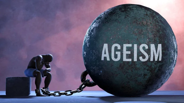 Ageism - a gigantic and unmovable weight chained to a vulnerable and suffering person in pain, misery and helplessness. Cold and tragic condition created by Ageism