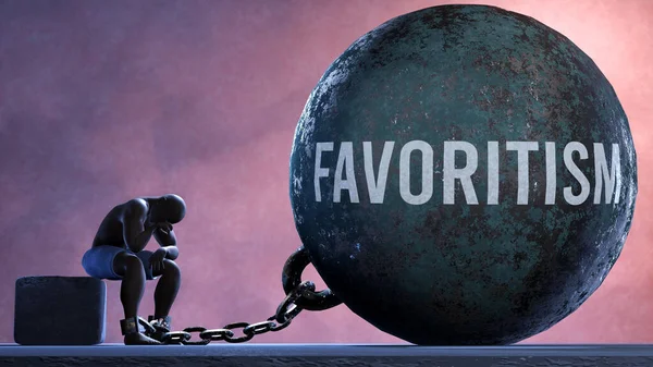 Favoritism - a gigantic and unmovable weight chained to a vulnerable and suffering person in pain, misery and helplessness. Cold and tragic condition created by Favoritism