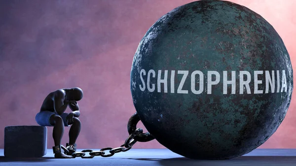Schizophrenia - a gigantic and unmovable weight chained to a vulnerable and suffering person in pain, misery and helplessness. Cold and tragic condition created by Schizophrenia