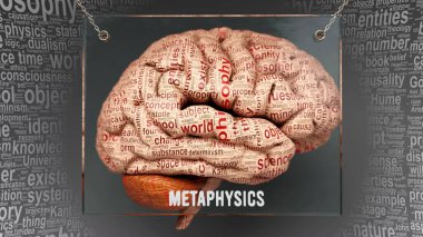 İnsan beynindeki metafizik - metafizik özelliklerini tanımlayan düzinelerce önemli terim ve zihinle olan metafizik bağlantısını sembolize etmek için beyin korteksinin üzerine boyanmış özellikler.