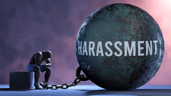 Harassment - a gigantic and unmovable weight chained to a vulnerable and suffering person in pain, misery and helplessness. Cold and tragic condition created by Harassment