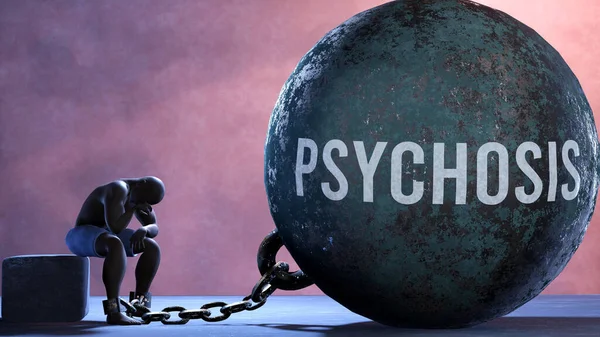 Psychosis - a gigantic and unmovable weight chained to a vulnerable and suffering person in pain, misery and helplessness. Cold and tragic condition created by Psychosis