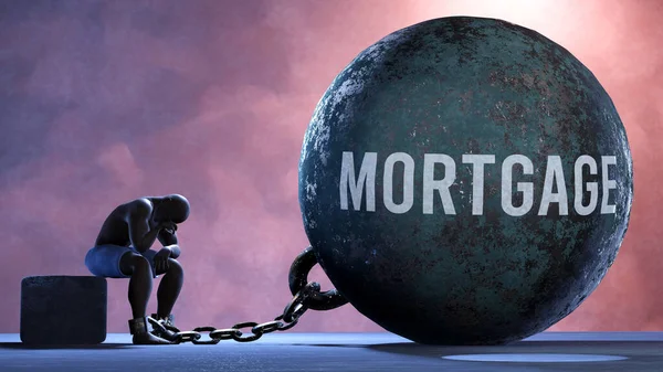 Mortgage Gigantic Unmovable Weight Chained Vulnerable Suffering Person Pain Misery — Stock Photo, Image