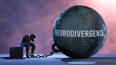 Neurodivergence - a metaphor showing human struggle with Neurodivergence. Resigned and exhausted person chained to Neurodivergence. Drained and depressed by a continuous struggle clipart