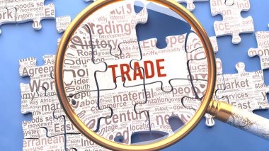 Ticaret, birden fazla hayati kavram ve kelimeyle birlikte doğrudan ticaretle ilgili olarak yakından inceleniyor. Bir bulmacanın birçok parçası bir bütün oluşturur, karmaşıklığın sembolü olarak birbirine bağlanır.