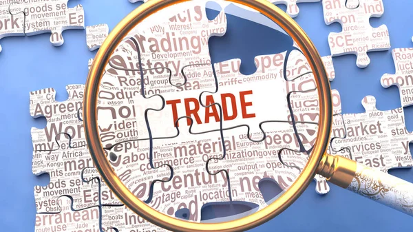 貿易は 貿易に直接関係する複数の重要な概念や言葉とともに綿密に検討されています 一つを形成するパズルの多くの部分は 複雑さの象徴として全体に接続されています — ストック写真