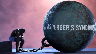 Asperger sendromu. Asperger sendromuyla mücadele eden insanları gösteren bir metafor. İstifa etmiş ve tükenmiş bir insan Aspergers sendromuna zincirlenmiş. Sürekli bir mücadele yüzünden bunalımda.