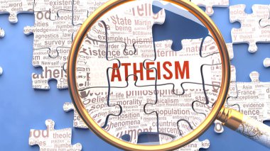 Ateizm, ateizmle doğrudan ilişkili birden fazla hayati kavram ve kelimeyle birlikte yakından inceleniyor. Bir bulmacanın birçok parçası bir bütün oluşturur, karmaşıklığın sembolü olarak birbirine bağlanır.