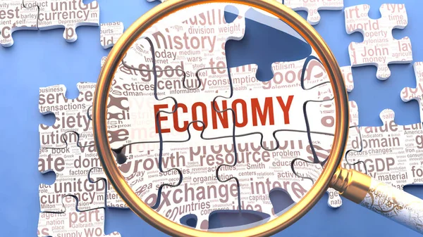 経済は 経済に直接関係する複数の重要な概念や言葉とともに綿密に検討されています 一つを形成するパズルの多くの部分は 複雑さの象徴として全体に接続されています — ストック写真