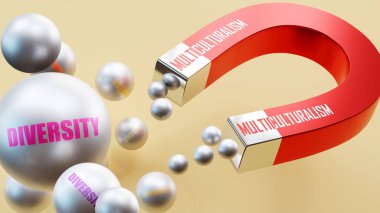 Çeşitlilik getiren çok kültürlülük. Çok kültürlülüğün çok çeşitli çelik topları cezbettiği mıknatıs metaforu..