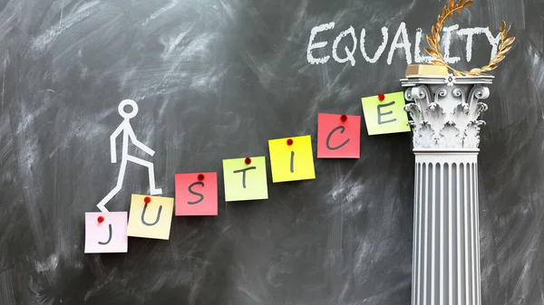 正义导致平等 这是一个比喻 表明正义如何为实现所期望的平等铺平道路 体现正义的重要性和因果关系 — 图库照片