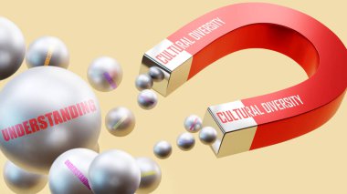 Anlayış getiren kültürel çeşitlilik. Kültürel çeşitliliğin çoklu çelik topları cezbettiği mıknatıs metaforu..