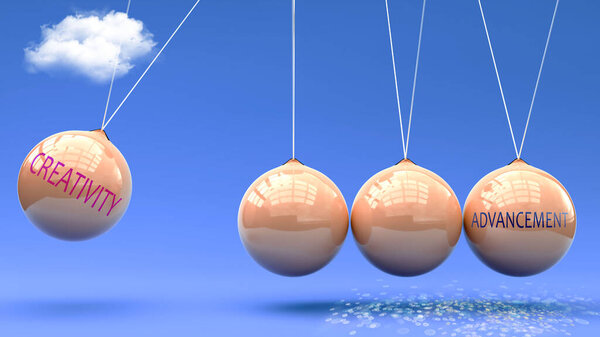 Творчество ведет к продвижению. Метафора в колыбели Ньютона, в которой творчество дает силу, чтобы привести Продвижение в движение. Причина и следствие связи между творчеством и прогрессом.
