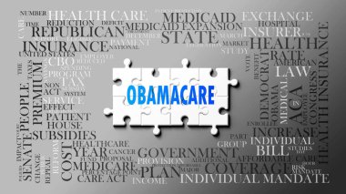 Obamacare - karmaşık bir konu, birçok kavramla ilgili. Bir bulmaca ve kelime bulutu olarak resmedilmiş. Obamacare ile ilgili en önemli fikir ve cümlelerden oluşmuş..