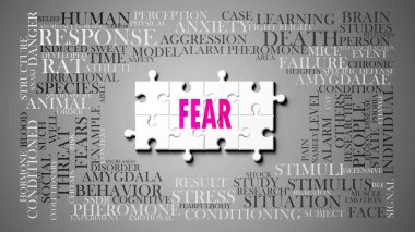 Korku, birçok kavram ile ilişkili karmaşık bir konudur. Bir bulmaca ve korku ile ilgili en önemli fikir ve cümlelerden oluşan bir kelime bulutu olarak resmedilmiş..