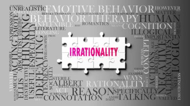 Mantıksızlık - birçok kavram ile ilişkili karmaşık bir konu. Mantıksızlıkla ilgili en önemli fikir ve ifadelerden oluşan bir bulmaca ve kelime bulutu olarak resmedilmiş..