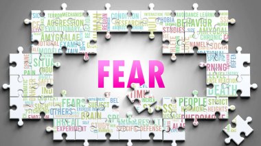 Korku, önemli konularla ilgili karmaşık bir konudur. Bir bulmaca ve korku ile ilgili en önemli fikir ve cümlelerden oluşan bir kelime bulutu olarak resmedilmiş..