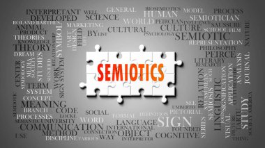 Önemli konularla ilgili karmaşık bir konu olarak semiyoloji. Bir bulmaca ve semiyolojiyle ilgili en önemli fikir ve cümlelerden oluşan bir kelime bulutu olarak resmedilmiş. .3d illüstrasyon