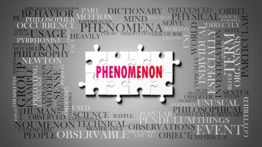 Önemli konularla ilgili karmaşık bir konu olarak fenomenon. Bir bulmaca ve fenomenle ilgili en önemli fikir ve cümlelerden oluşan bir kelime bulutu olarak resmedilmiş. .3d illüstrasyon