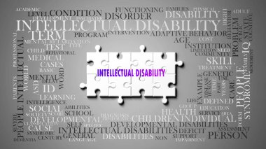 Önemli konularla ilgili karmaşık bir konu olarak entellektüel engellilik. Entellektüel engellilikle ilgili en önemli fikir ve cümlelerle çevrili bir yapboz olarak resmedilmiş. .3d illüstrasyon