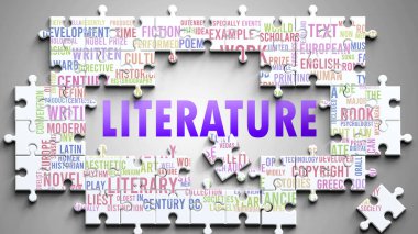 Edebiyat karmaşık bir konu, önemli konularla ilgili. Bir bulmaca ve edebiyatla ilgili en önemli fikir ve cümlelerden oluşan bir kelime bulutu olarak resmedilmiş..