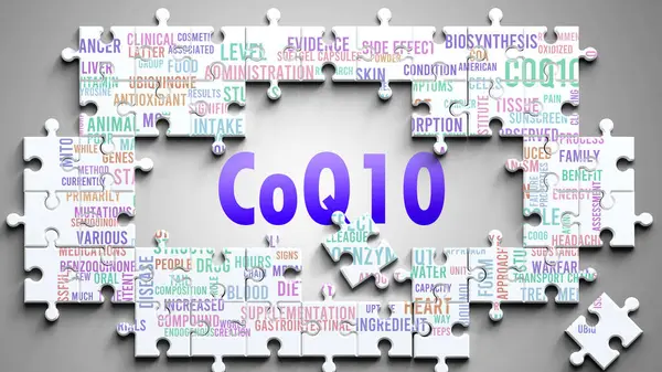 Coq10 karmaşık bir konu, önemli konularla ilgili. Coq10 ile ilgili en önemli fikir ve cümlelerden oluşan bir bulmaca ve kelime bulutu olarak resmedilmiş..