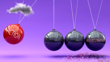 Action leads to repercussions. A Newton cradle metaphor showing how action triggers repercussions. Cause and effect relation between them. Vicious cycle ,3d illustration clipart