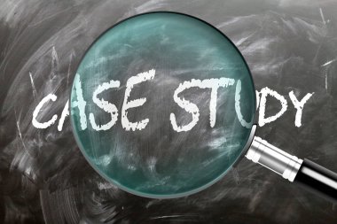 Case Study - learn, study and inspect it. Taking a closer look at case study. A magnifying glass enlarging word 'case study' written on a blackboard clipart