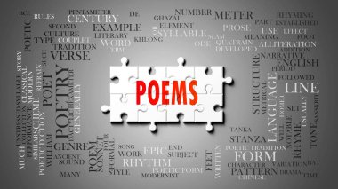 Önemli konularla ilgili karmaşık bir konu olarak şiirler. Bir bulmaca ve şiirlerle ilgili en önemli fikir ve cümlelerden oluşan bir kelime bulutu olarak resmedilmiş. .3d illüstrasyon