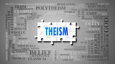 Teizm karmaşık bir konudur, önemli konularla ilgilidir. Bir bulmaca ve teizmle ilgili en önemli fikir ve cümlelerden oluşan bir kelime bulutu olarak resmedilmiş. .3d illüstrasyon