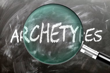Archetypes - learn, study and inspect it. Taking a closer look at archetypes. A magnifying glass enlarging word 'archetypes' written on a blackboard clipart
