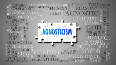 Agnostisizm önemli konularla ilgili karmaşık bir konudur. Bir bulmaca ve bilinemezcilikle ilgili en önemli fikir ve ifadelerden oluşan bir kelime bulutu olarak resmedildi. .3d illüstrasyon