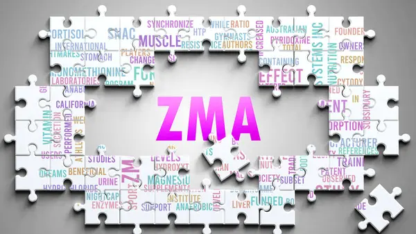 stock image Zma as a complex subject, related to important topics. Pictured as a puzzle and a word cloud made of most important ideas and phrases related to zma.