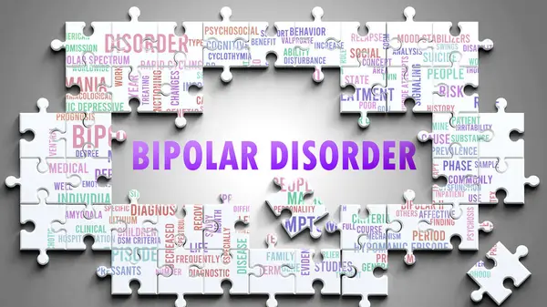 stock image Bipolar Disorder as a complex subject, related to important topics. Pictured as a puzzle and a word cloud made of most important ideas and phrases related to bipolar disorder.