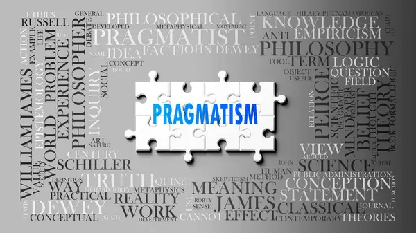 stock image Pragmatism as a complex subject, related to important topics. Pictured as a puzzle and a word cloud made of most important ideas and phrases related to pragmatism. ,3d illustration